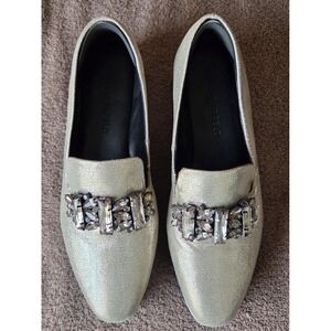 KARL LAGERFELD Paris Metallic Silver Loafers women's shoes/crystal Hardware 6.5M